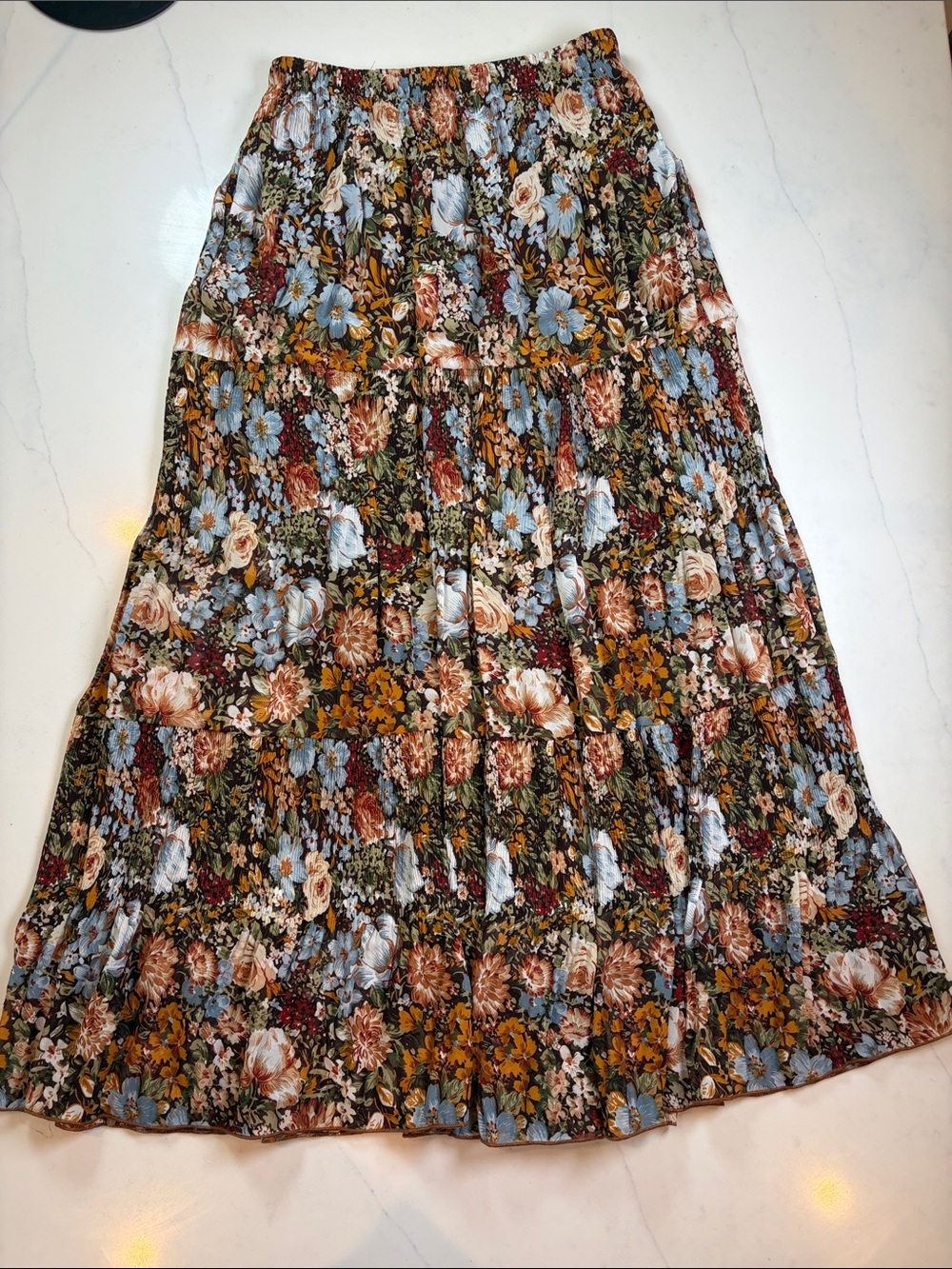 Floral Tiered Maxi Skirt - Blue, brown & Rust